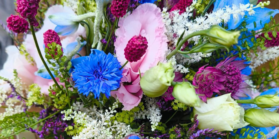 Nahaufnahme eines bunten Blumenstraußes mit Kornblumen, Lisianthus und anderen saisonalen Blumen in verschiedenen Farben.