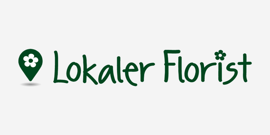 Logo des lokalen Floristen mit einer grünen Ortsmarkierung und einer stilisierten Blume. Handgeschriebene Schriftart.