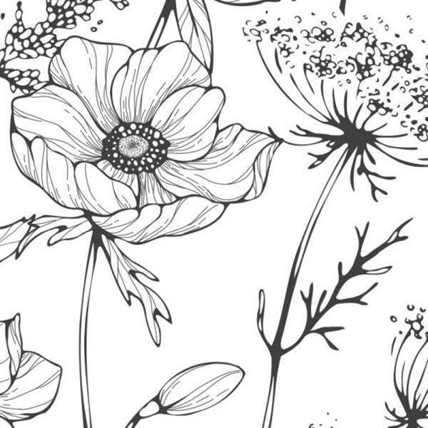 Schau mal, ein wunderschönes, handgezeichnetes Blumenmuster in Schwarz-Weiß! Perfekt für alle, die florale Designs lieben.